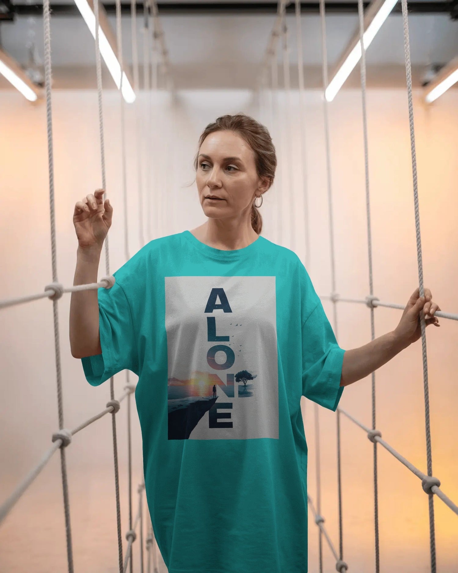 ALONE – Minimal Aesthetic Oversized Graphic T-Shirt (Teal)