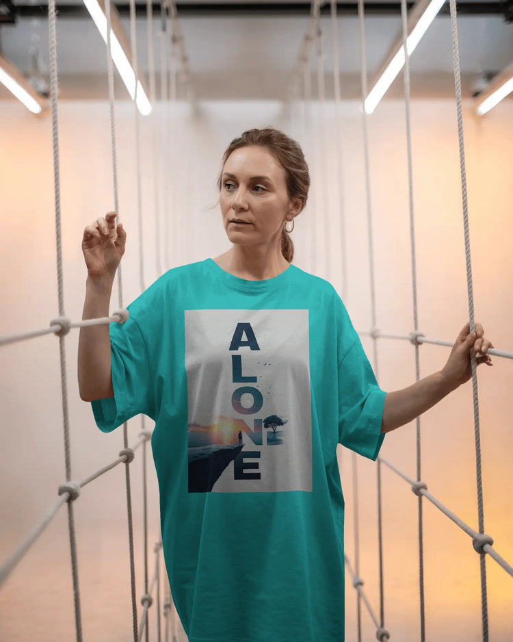 ALONE – Minimal Aesthetic Oversized Graphic T-Shirt (Teal)