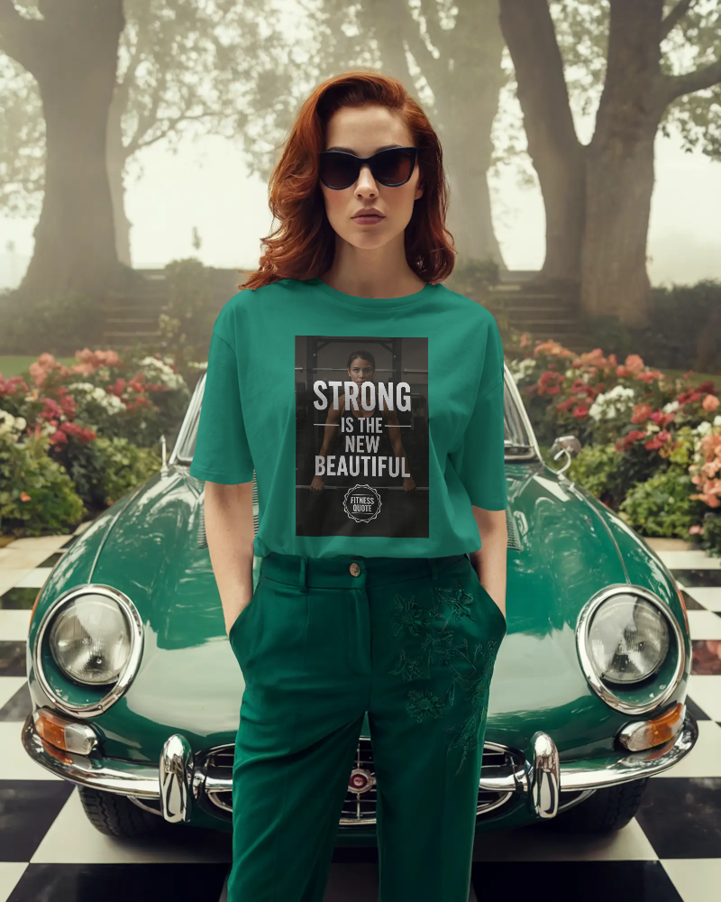 Strong is the New Beautiful" Vintage Car Mockup Tee | Empowering Fitness Quote T-Shirt